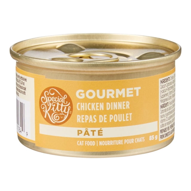 Special Kitty Gourmet Chicken Dinner Pate Wet Cat Food, 85 g can with gold metal lid and yellow label featuring the brand logo and bilingual English-French text, formulated to meet AAFCO standards for a complete and balanced feline meal.