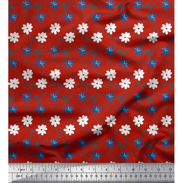 Soimoi Red Poly Georgette Fabric Swirl & Daisy Floral Printed Fabric 1 Yard 52 Inch Wide