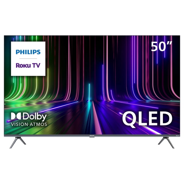 Philips Téléviseur Intelligent Roku 4K QLED Ultra HD de 50 Pouces, Série 7900, avec Cadre Mince et Pattes Métalliques en V, Affichant des Stries Néon Vibrantes en Vert, Bleu et Violet, avec Dolby Vision et Atmos pour une Qualité d'Image et de Son Améliorée.
