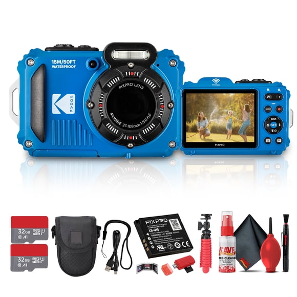 Kodak PIXPRO WPZ2 Digital Camera (Blue) | Waterproof, Shockproof & Dustproof Camera with 16MP Sensor, 1080p Video & 4x Optical Zoom | Travel & Outdoor use + 2x 32GB Card + Vlogger Tripod + Bag + More