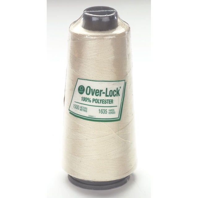 Coats Over-Lock Polyester Thread spool in beige with 1500 meters (1635 yards) of 100% polyester over-lock thread, ideal for high-speed sewing and even strength, shown in a close-up front view on a white background, also suitable for serging and finishing fabric edges.
