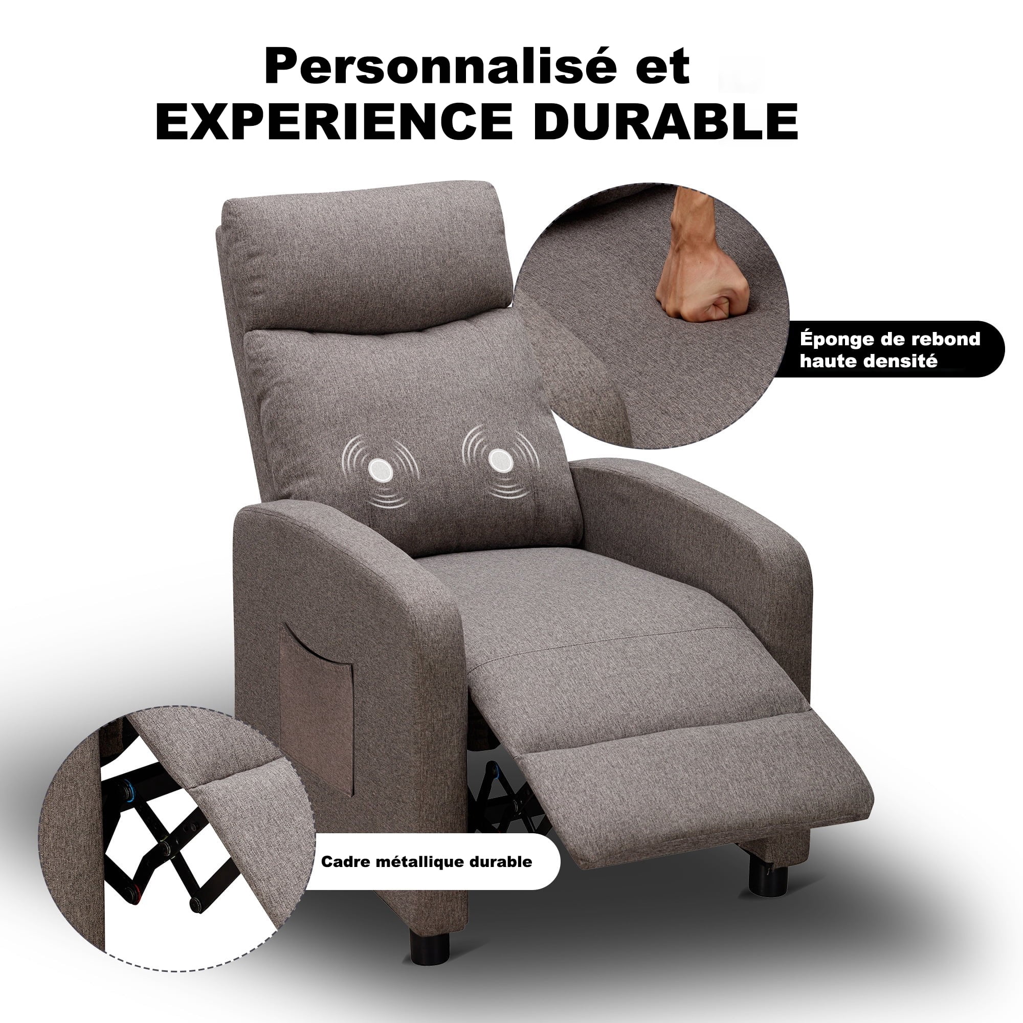 Fauteuil inclinable de massage Comhoma en tissu avec repose-pieds, gris, à inclinaison par poussée arrière