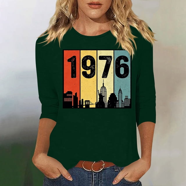 Uootdi Hauts pour Femmes Manches 3/4 Col Ras du Cou 1976 Imprimé Arc-en-Ciel Rétro Coupe Décontractée T-Shirts Nostalgiques pour Escapade d'Été Cadeau
