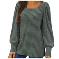 thumbnail image 1 of Meichang Puff Long Sleeve Shirts for Women Plus Size Square Neck Ribbed Knit Tops Solid Loose Fit Side Slit Hem Blouses Spring Trendy Women Tunic Tops, 1 of 4