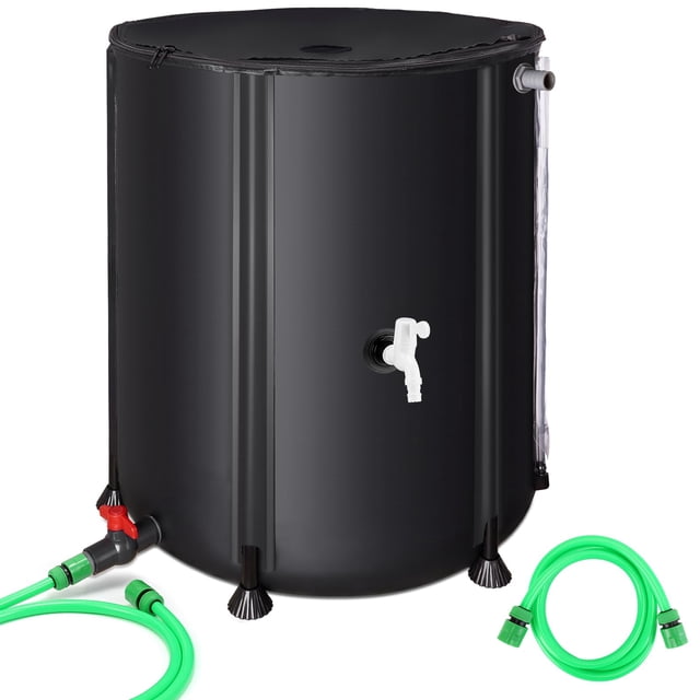 Collapsible Rain Barrel 53 Gallon Rainwater Collection Storage Tank with Garden Hose, Black