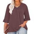 thumbnail image 2 of Timegard Hauts Grande Taille pour Femmes Col en V Froncé à Volants Manches 3/4 T-Shirts Confortables Décontractés Amples, 2 of 5