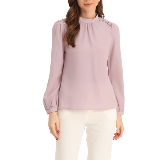 INSPIRE CHIC Chemisier en Mousseline pour Femmes, Bureau Travail, Col Montant, Blouse à Manches Longues Rose, une Blouse pour Femmes au design Uni, Col Montant et Manches Longues. Convient pour un Usage Décontracté Ou Professionnel au Printemps et en Été.