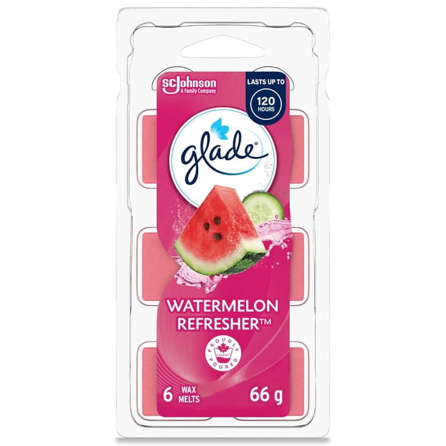 Glade® Wax Melt Air Freshener Watermelon Refresher with six pink wax cubes in clear plastic packaging, featuring a label with watermelon and cucumber images, providing up to 120 hours of flameless fragrance and weighing 66 grams, ideal for freshening large rooms.