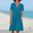 thumbnail image 2 of Swstbby Liquidation d'Économies d'Été! Robe d'Été pour Femmes, Robe Décontractée Ample Mode Rétro en Coton et Lin à Manches Courtes, Col en V, Plissée, Bleu G, 2 of 5