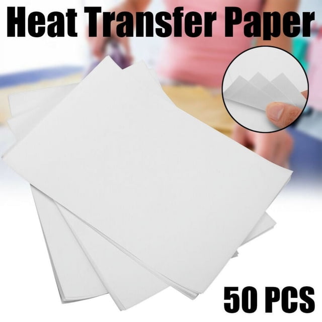 MYG 50pcs A4 Iron On Heat Transfer Paper Press Kit for Light T-shirt Inkjet Print. The image shows a stack of white A4-sized thermal transfer paper sheets, suitable for light-colored T-shirts. A close-up inset highlights the paper's smooth texture. Ideal for printing custom designs or pictures using inkjet printers with dye or pigmented inks. Compatible with cotton, chemical fiber, and blended fabrics, but not silk or laser printers. Package includes 50 sheets.