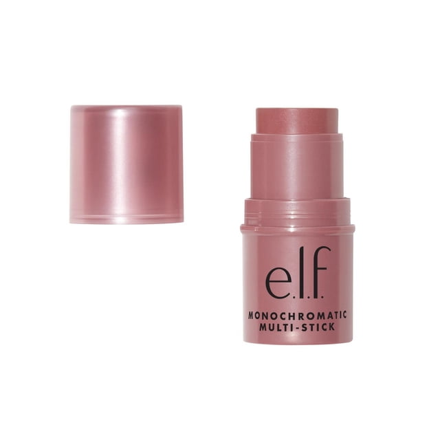 e.l.f. Cosmetics Monochromatic Multi-Stick blush stick in soft pink with cap removed and placed beside it, showing the shimmery cream-to-powder formula for eyes, lips, and cheeks, suitable for a soft, glowy monochromatic makeup look.