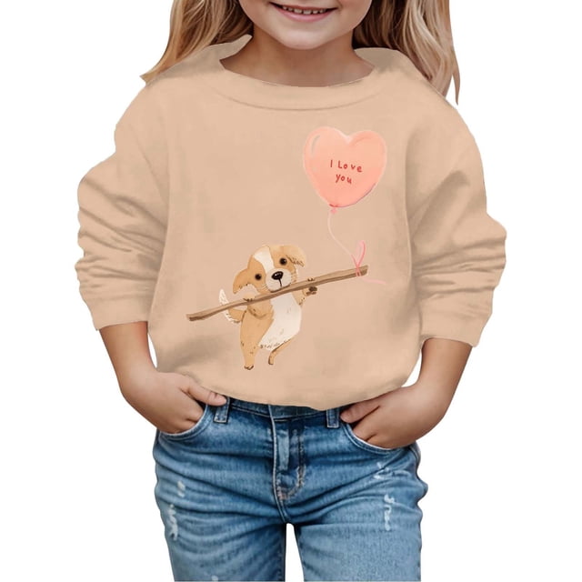 PMVFHDE Chandails à Col Rond Fille Automne et Hiver Saint-Valentin à la Mode et Intéressant Imprimé Chiot Chandail à Capuchon pour Enfants Kaki, 2-3 Ans