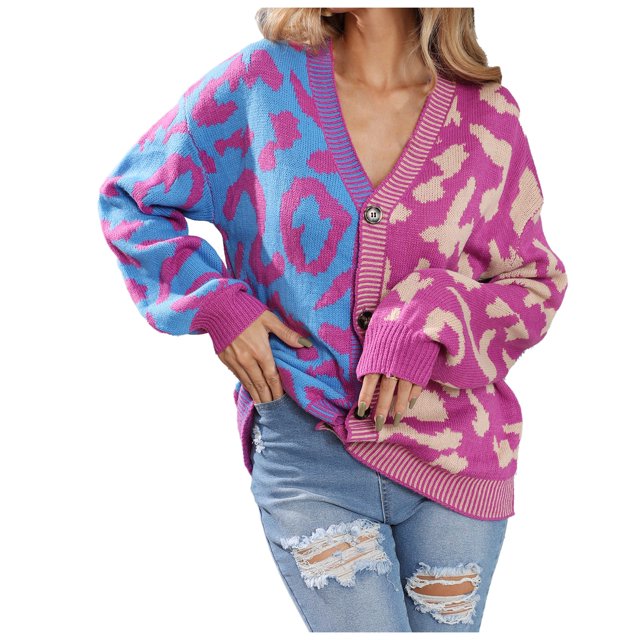 2025 Leopard Print Button Up Knit Long Cardigan Long Sleeved Jacket for Cardigan Sweater Open Front