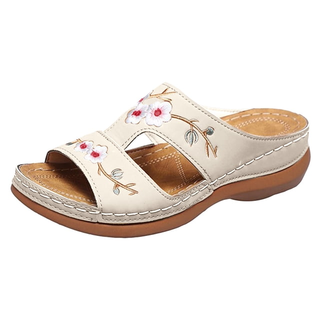 Orthopedic Slides Sandals for Women with Arch Support Comfortable Embroidered Flower Platform Wedge Sandals