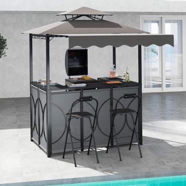 Gymax Ensemble de 3 Pcs pour BBQ Extérieur avec Table de Bar et 2 Chaises de Bar Pliables pour Patio Gris
