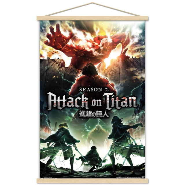 Attack on Titan - Affiche Murale Teaser de la Saison 2, 22,375 Po x 34 Po Représentant un Grand Titan Rouge Tombant par-Dessus un Mur Brisé vers Trois Personnages d'Anime Armés en Capes Vertes sur Sol Rocheux, avec le Texte du Titre « Attack on Titan Saison 2 » Centré, Imprimé sur Papier Lustré pour un art Mural d'Anime vibrant Idéal pour Chambres, Bureaux Ou Dortoirs.