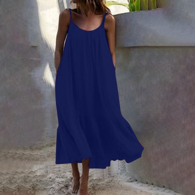 Gspmoly Robes pour Femmes, Robe Maxi d'Été Décontractée Boho Sans Manches à Bretelles Spaghetti, Smockée, à Étages, Longue, de Plage, Soleil, Robes d'Été pour Femmes jusqu'à 65 % de Rabais