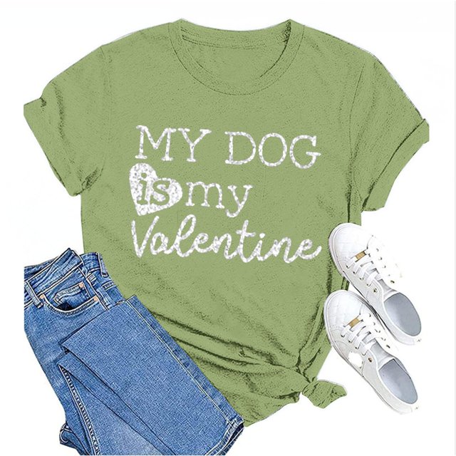 Tittly T-Shirts pour Femmes T-Shirts Graphiques Saint-Valentin Mon Chien Est Mon Valentin Imprimé Chandail Décontracté Imprimé Col Rond T-Shirt Chandail pour Femme T-Shirt T-Shirts Hauts pour Femmes AG TG