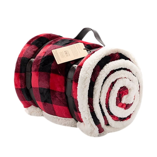 Couverture en Flanelle à Carreaux Joyeux Noël, une Couverture Jetée Roulée avec un Motif à Carreaux Quadrillé Rouge Festif et une Douce Doublure en Flanelle Blanche. Parfaite pour des Nuits d'Hiver Douillettes, la Déco des Fêtes Ou pour Offrir. Comprend des Sangles de transport pour un transport Facile.