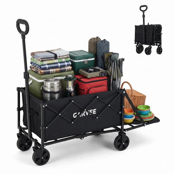 Garvee Collapsible Wagon Cart, 176 lb Load Capacity with 120L Expandable Storage, Double Bearing Steering, Foldable Heavy Duty Garden Cart for Groceries, Garden and Camping