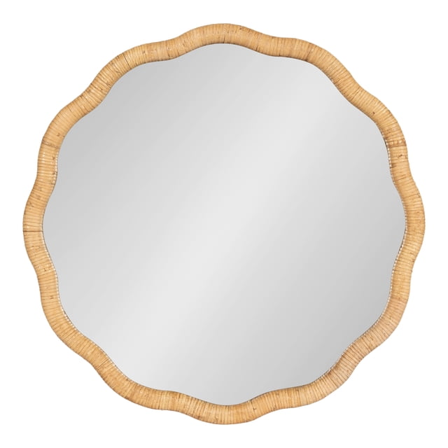 Kate and Laurel Rahfy Boho Scalloped Round Rattan Mirror, 26 Inch Diameter, Natural Wood, Decorative Round Wavy Mirror with Authentic Rattan Frame for Boho Wall Decor