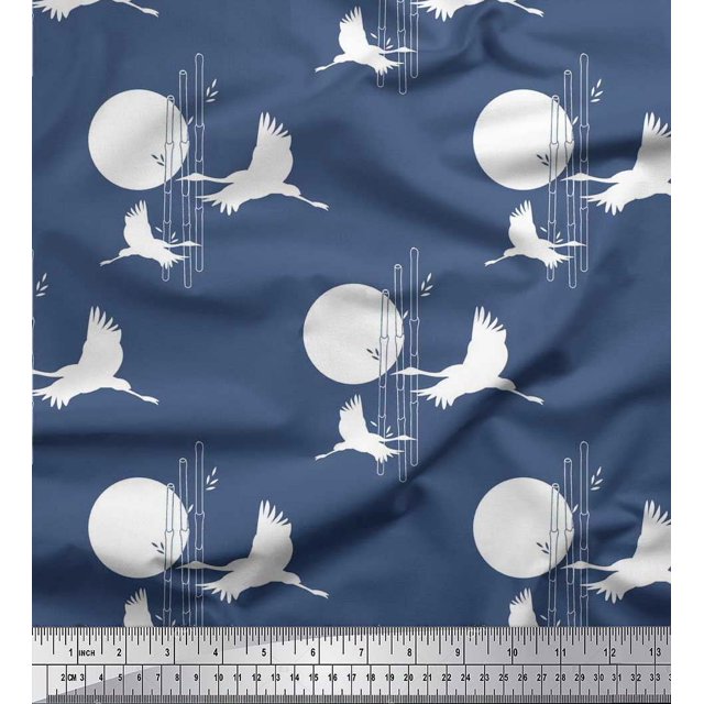 Soimoi Poly Georgette Fabric Bamboo Tree,Moon & Stork Bird Decor Fabric Printed Yard 52 Inch Wide