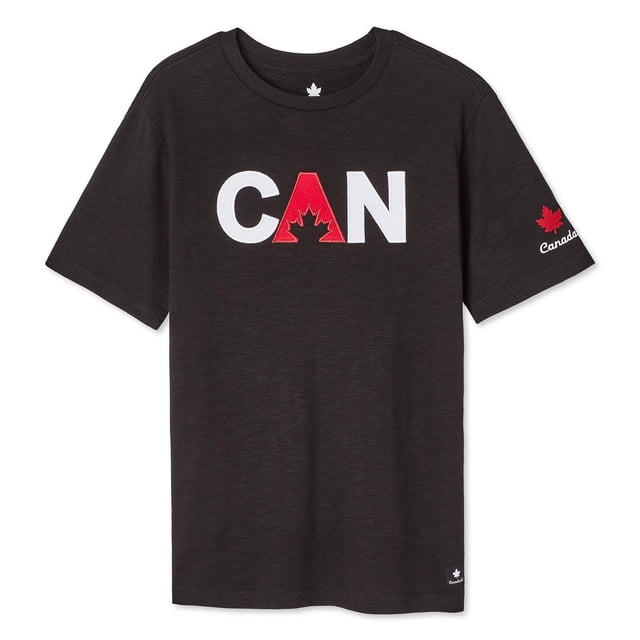 Canadiana Kids' Gender Inclusive Graphic Tee in black jersey knit with crew neckline and short sleeves, featuring a front 'CAN' graphic with a red 'A' and maple leaf cutout, plus a red maple leaf and 'Canada' embroidery on the left sleeve, ideal for casual or outdoor activities.