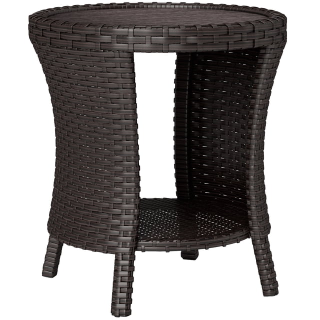 Outsunny 18" Wicker Outdoor Coffee Table, a dual-tier patio side table with a unique half-open hourglass design. Features a slatted wood-plastic composite top and a rattan-sided bottom shelf for secure storage. Constructed with a PE wicker-wrapped steel frame in mixed brown for durability and weather resistance. Protective foot pads prevent floor damage, making it suitable for small outdoor spaces.