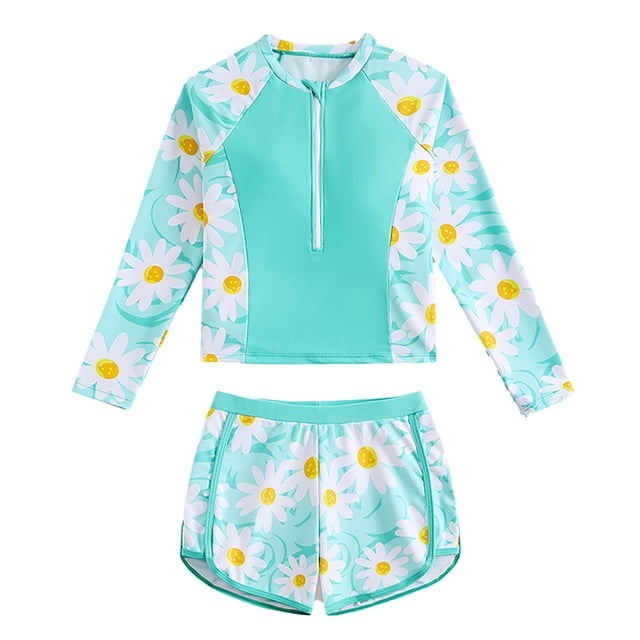 DuoJiaJ Girls Swimwear Long Sleeve Rash Guard Bikini Set UPF 50+ Sun Two Piece Bathing Suit For Beach Pool Summer Size 9-10 Years