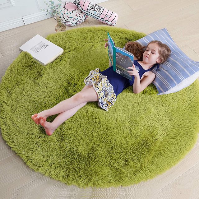 Bestkoko Round Area Rug for Bedroom,3x3 ft,Fluffy Rugs,Shag Carpet for Living Room,Fuzzy Rug for Kids Baby Room,Large Anti-Slip Rug,Green Carpet,Home Decor,Bedside Rug