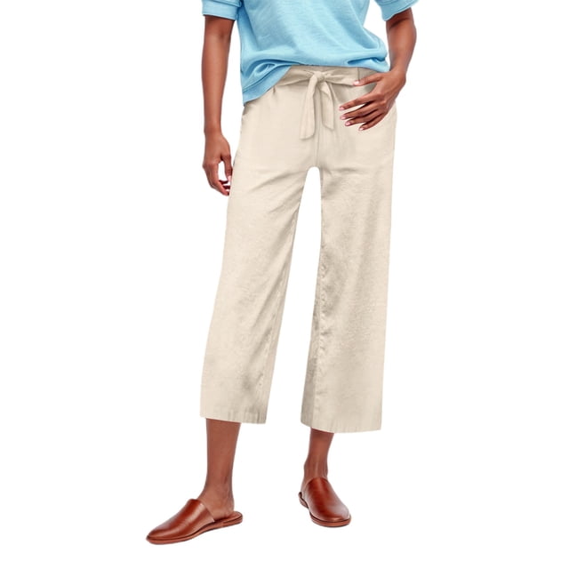 Women's Linen High Waisted Drawstring Culotte Pants Summer Elastic Waist Wide Leg Cropped Capri Pants With Pockets
