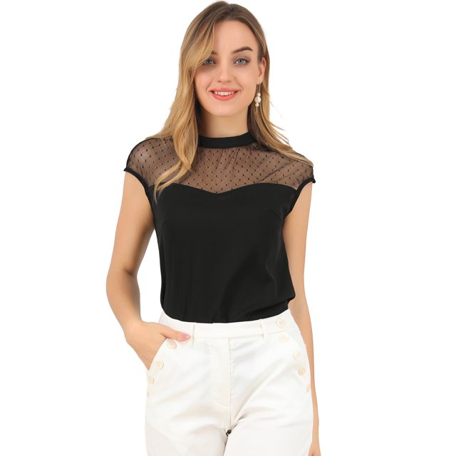 INSPIRE CHIC Women's Mesh Panel Top Round Neck Keyhole Sleeveless Blouse