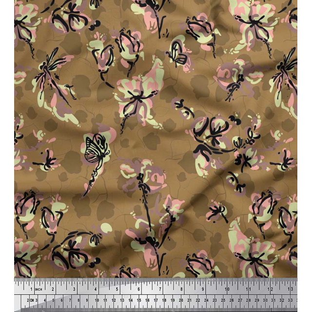 Soimoi Brown Silk Fabric Dragonfly,Floral & Texture Print Fabric by Yard 42 Inch Wide