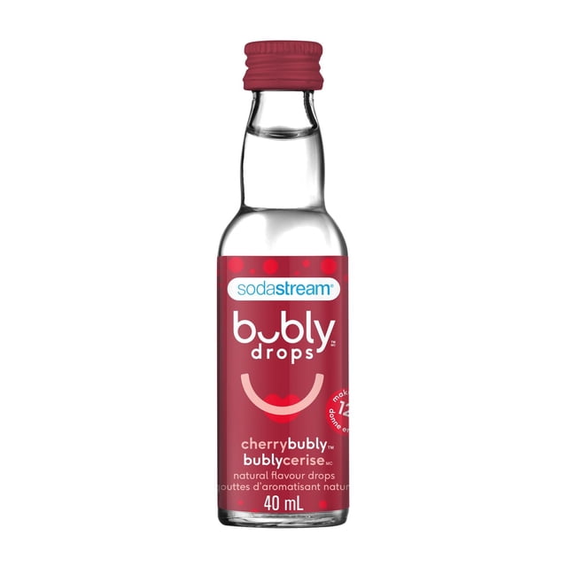 SodaStream bubly drops Gouttes à Saveur Naturelle de Cerise dans une Bouteille en Verre Transparent de 40 ml avec Étiquette Rouge et Bouchon, Conçues pour Ajouter une essence de Saveur de Cerise à l'Eau Pétillante à la Maison, Convenant pour Rehausser les Boissons Pétillantes Maison.