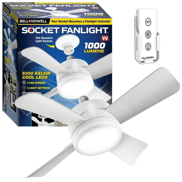 Bell + Howell Socket Fan Light White 2-in-1 LED Bulb 1000 Lumens with Remote Control 3 Speeds 3 Cool Light Settings E26 Base