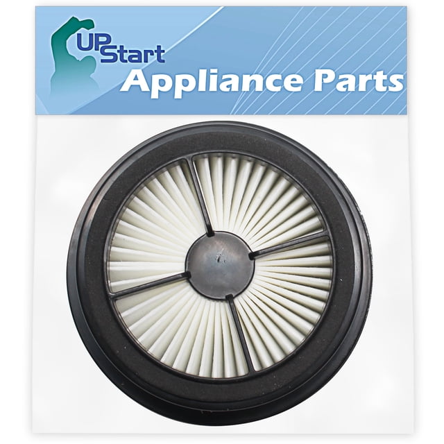 Replacement F44 304019001 pre-motor filter compatible with Dirt Devil vacuum models UD20015, UD20100, F44, UD20020DI, UD20025, and UD20100EB. The filter, branded by UpStart Components, features a circular design with pleated white material and a black outer frame, shown in its packaging labeled 'UpStart Appliance Parts.'