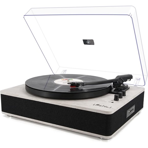 LP&NO.1 Record Player Wireless Turntable with Built-in Speakers (USB Play & Recording Belt-Driven Vintage Phonograph Record Player - Light Gray
