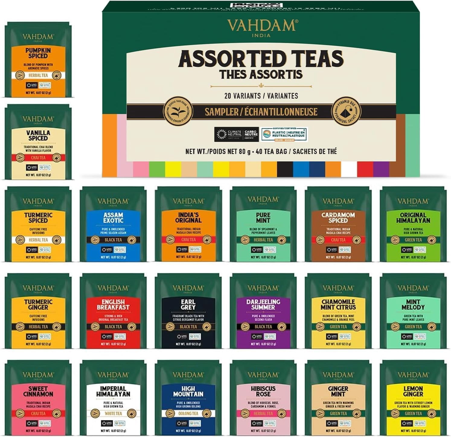 VAHDAM Assorted Teas Gift Set with 20 Flavors of 2 Servings Each Including Black Tea, Green Tea, Oolong Tea, Turmeric Tea, White Tea, Herbal Tea & Chai Tea - Total of 40 Tea Bags