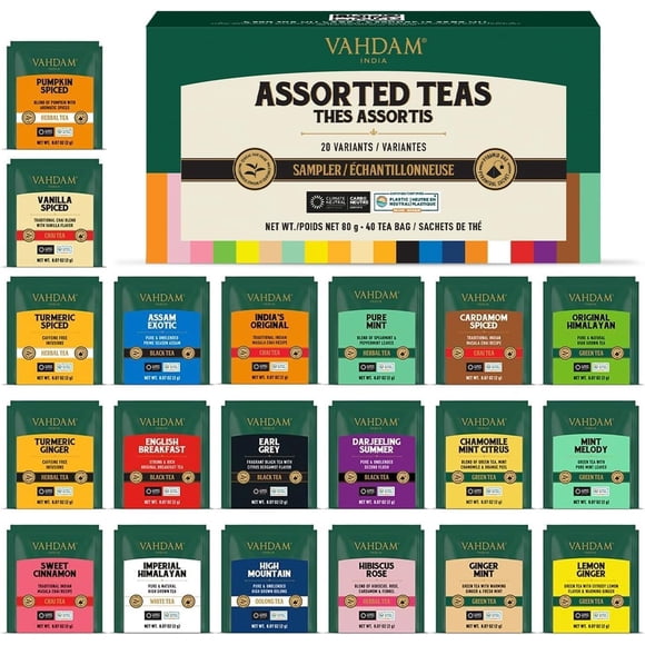 VAHDAM Coffret-cadeau de Thés Assortis, Contenant 20 Saveurs Différentes (2 Portions Chacune): Thé Noir, Thé Vert, Thé Oolong, Thé au Curcuma, Thé Blanc, Tisanes et Thé Chai – 40 Sachets de Thé au Total.