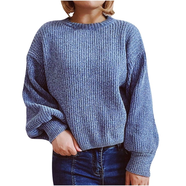 Timegard Chandails à Manches Longues pour Femmes Automne Hiver Décontractés Confortables Col Ras du Cou Manches Longues Bouffantes Hauts de Couleur Unie