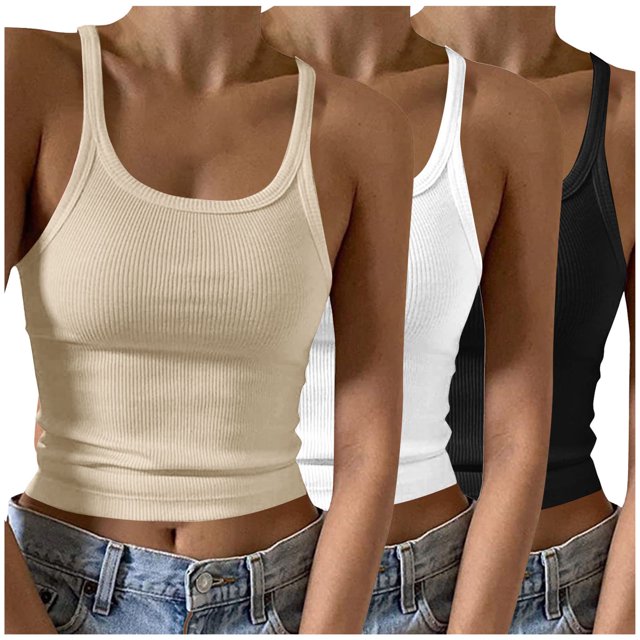 Timegard Camisoles 3 Pcs pour Femmes Col Rond Côtelé Sans Manches Ajusté Court Haut Décontracté Sortie Camis