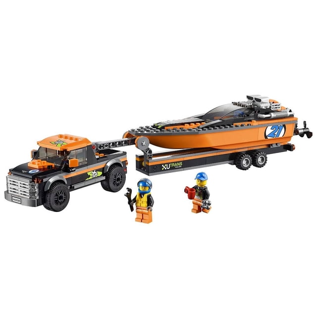 LEGO City Grands Véhicules 4x4 avec Bateau à Moteur 60085 Ensemble Mettant en Vedette un Camion 4x4 Noir et orange Remorquant un Bateau à Moteur orange sur une Remorque. Comprend Deux Minifigurines avec Casques et Outils. Cet Ensemble LEGO City de 301 Pcs Est Idéal pour les 5 à 12 Ans, Favorisant le Jeu Imaginatif et les Activités de Groupe.