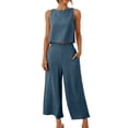 thumbnail image 1 of Cameland 2Pc Fashion Woman Round Neck Solid Sleeveless Blouse +Loose Pockets Pants Sets, 1 of 7