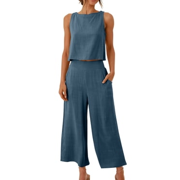Yuyuzo Ensembles 2 Pcs pour Femmes Ensembles Assortis en Coton et Lin Hauts Courts de Détente Pantalons Capri Vêtements d'Été 2025 pour Vacances à la Plage