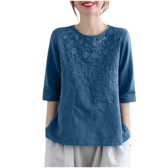 Women's Summer 3/4 Sleeve Cotton Linen Tops Vintage Floral Embroidered Shirts Casual V Neck Boho Blouse Loose Fitting Summer T-Shirts Sleeve Blouses Tunic Blue M
