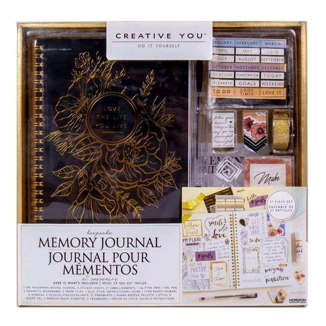 Creative You® journal à Spirale avec Couverture Noire Embossée avec Motif floral Doré et la phrase « Love the life you live », Incluant une Trousse de 27 Pcs avec des Feuilles d'Autocollants de Mois et des phrases Motivationnelles, Ruban Pailleté Doré, Signets Magnétiques, Trombones, Bâton de Colle et Stylo gel Noir, Convient aux arts et Bricolages pour Enfants pour le journal de Mémoire.