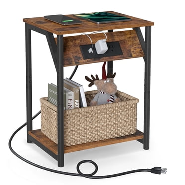 Table d'Appoint avec Station de Recharge Petite Table d'Appoint pour Salon Brun Rustique et Noir