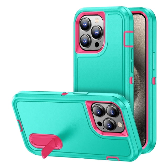 Supershield iPhone 15 Pro Max Defender Kick Stand Case in green, featuring a triple-layer shockproof design for heavy-duty protection. The case includes a highly adjustable kickstand with three stable modes, allowing angles up to 60 degrees for hands-free viewing. Designed with military-grade protection, it has shock-absorbing Air Guard corners, raised edges for screen and camera protection, and a durable acrylic back that resists scratches and yellowing. Compatible exclusively with the iPhone 15 Pro Max, it supports wireless charging and offers a comfortable grip with soft polymer sides.