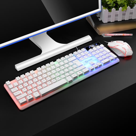 Czzoypi GTX350 Luminous Wireless Keyboard Mouse Set, Mechanical Feel Gaming Keyboard with Rainbow Backlight, 104 Key Suspended Keyboard Ergonomic Mouse for PC Gaming Office, White