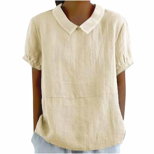 Timegard Hauts en Coton et Lin pour Femmes, Col à Revers, Blouse Ample Unie, Manches Courtes Décontractées, Été